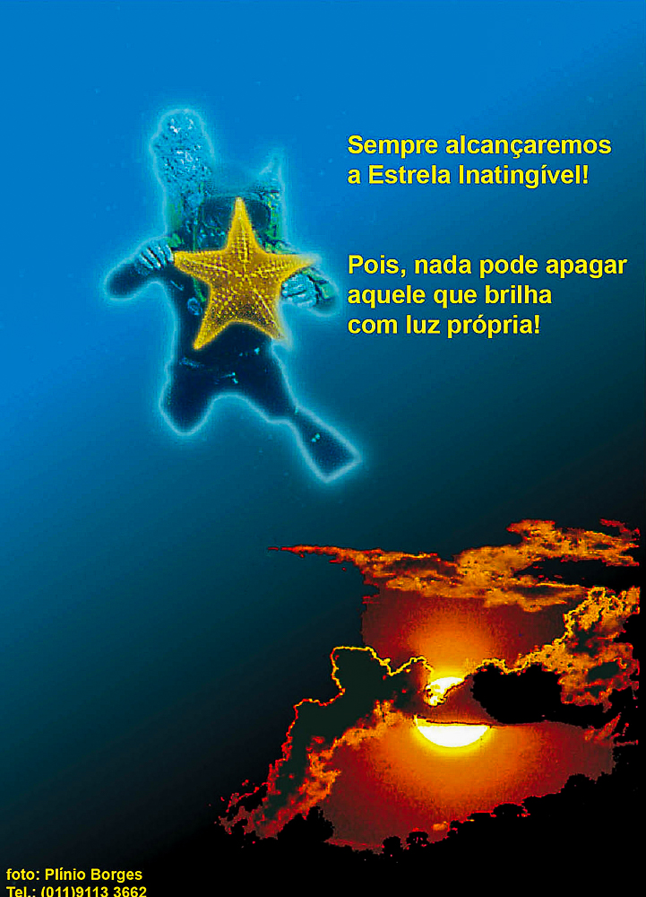 mergulhador com estrela do mar mesclado com por de sol